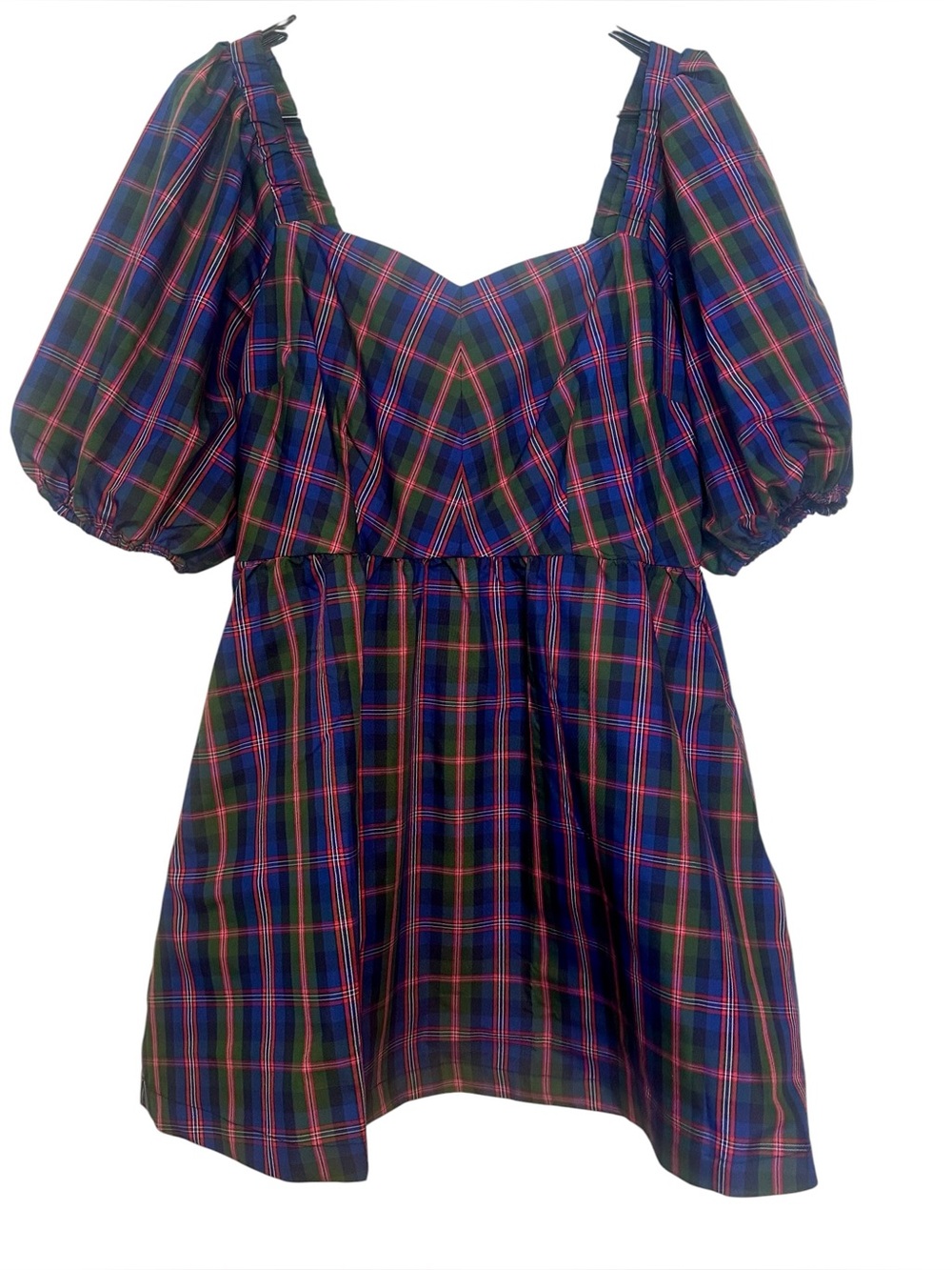Old Navy Plaid Puff Sleeve Fit Flare Taffeta Mini Dress Large Petite Hunter Bell